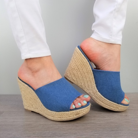 Blue Denim Slip On Espadrille Wedge Sandals-B - Picture 4 of 8
